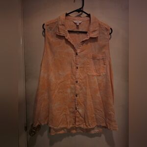 Time and Tru Peach Tie-Dye Sleeveless Button-Down Top
